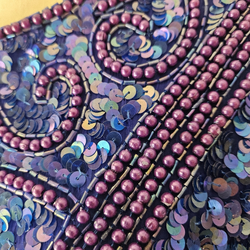 Vintage Silk Blue Beaded Sequin Top Petite XL - Picture 7 of 14